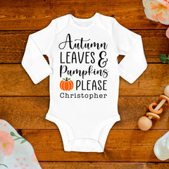 Autumn Leaves And Pumpkins Please Baby Bodysuit