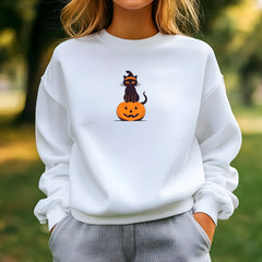 Embroidered Black Cat Pumpkin Sweatshirt