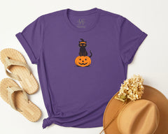 Embroidered  Black Cat Pumpkin T-shirt