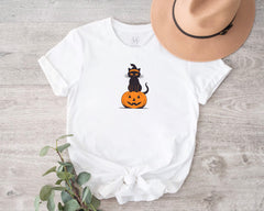 Embroidered  Black Cat Pumpkin T-shirt