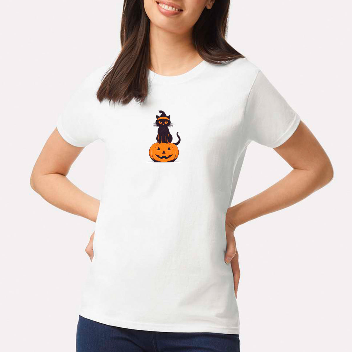 Embroidered  Black Cat Pumpkin T-shirt