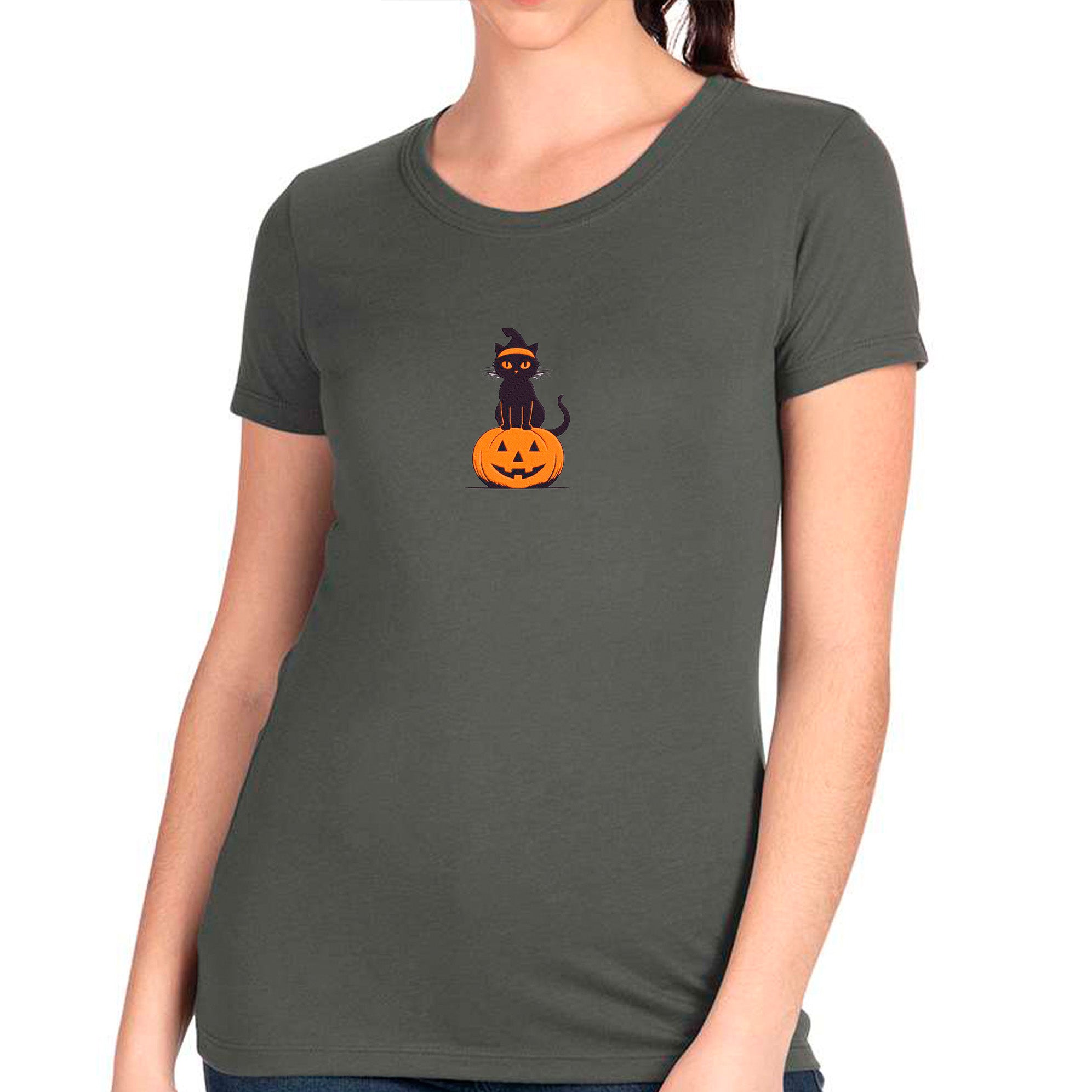 Embroidered  Black Cat Pumpkin T-shirt